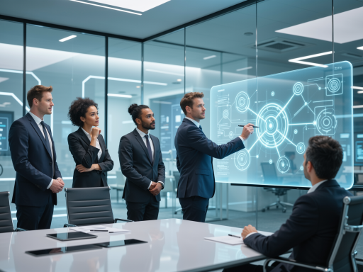 人工智能服务场景，现代办公环境，多个屏幕显示AI分析界面，团队成员正在讨论AI项目，明亮自然光